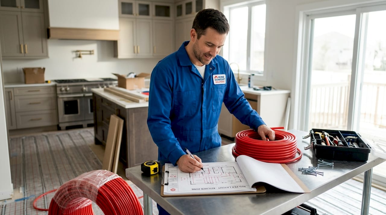 Technician installing radiant heating pipes