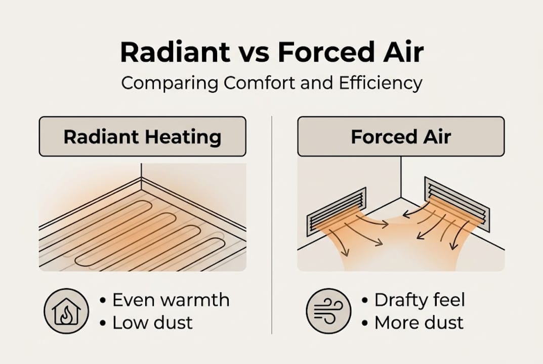 Infographic comparing radiant and forced air heating
