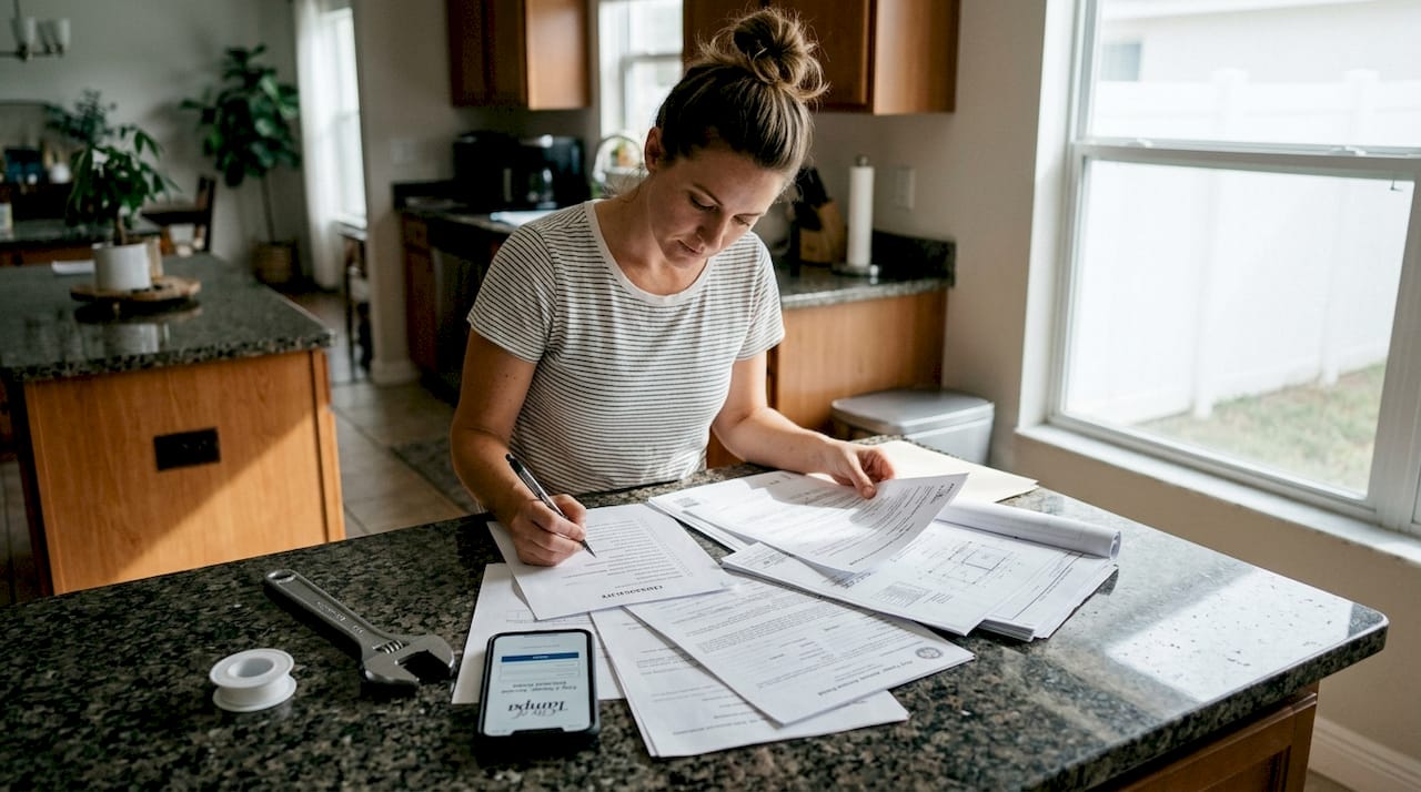 Homeowner preparing plumbing inspection documents and tools