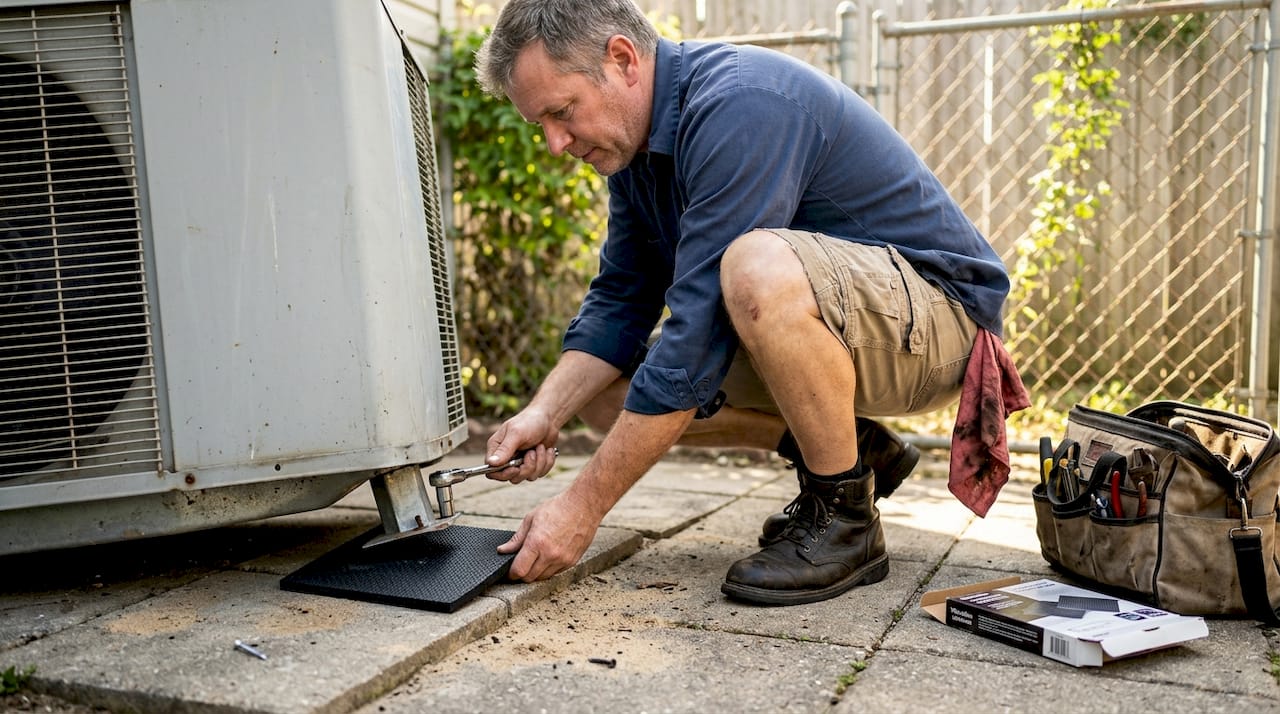Technician adding vibration pads under HVAC unit