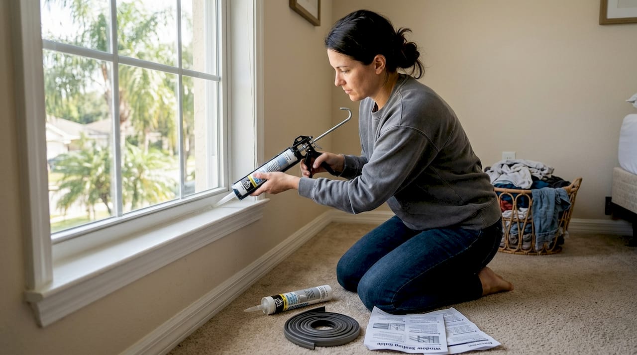 Woman sealing window gaps for insulation