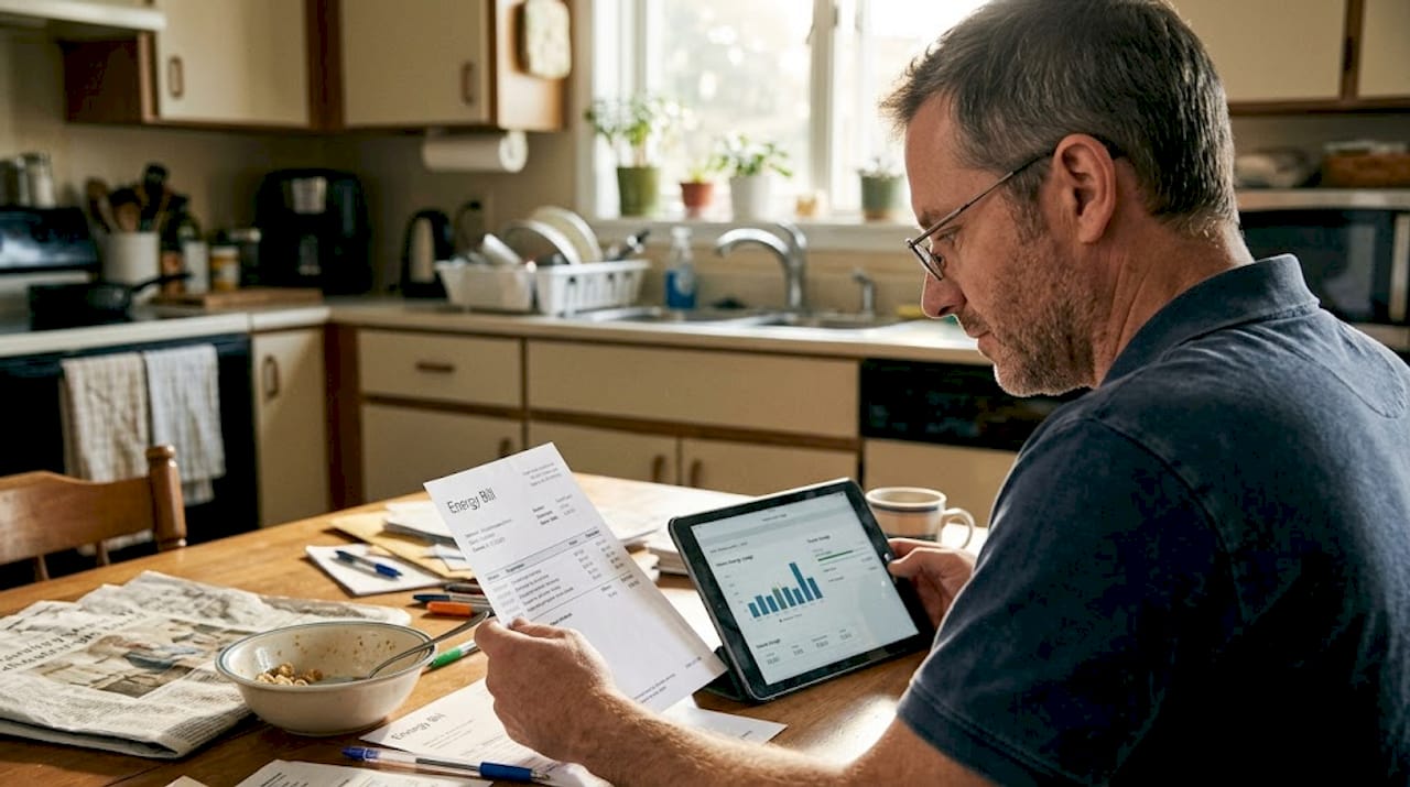 Man reviews energy bill at kitchen table