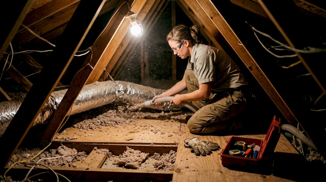 Technician adds insulation in Florida attic