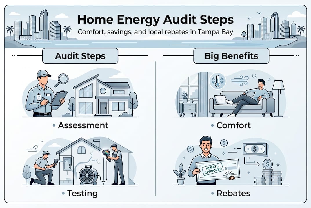 Infographic on Tampa Bay energy audit steps and benefits