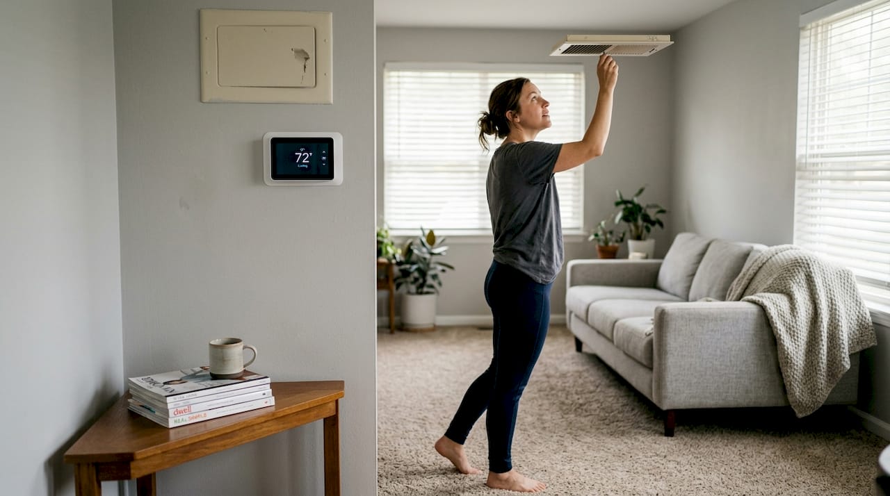Homeowner adjusts ac vent damper in living room