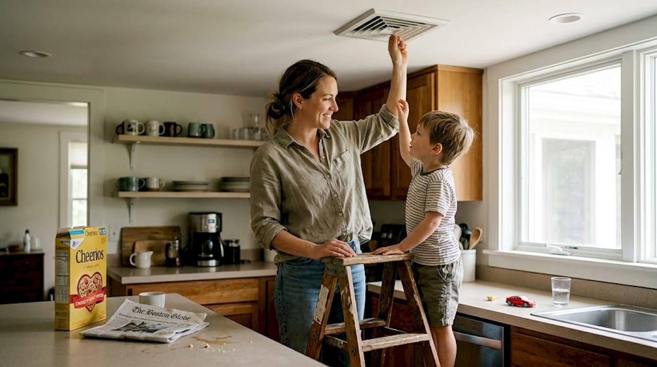 Mother and child adjusting ceiling air vent