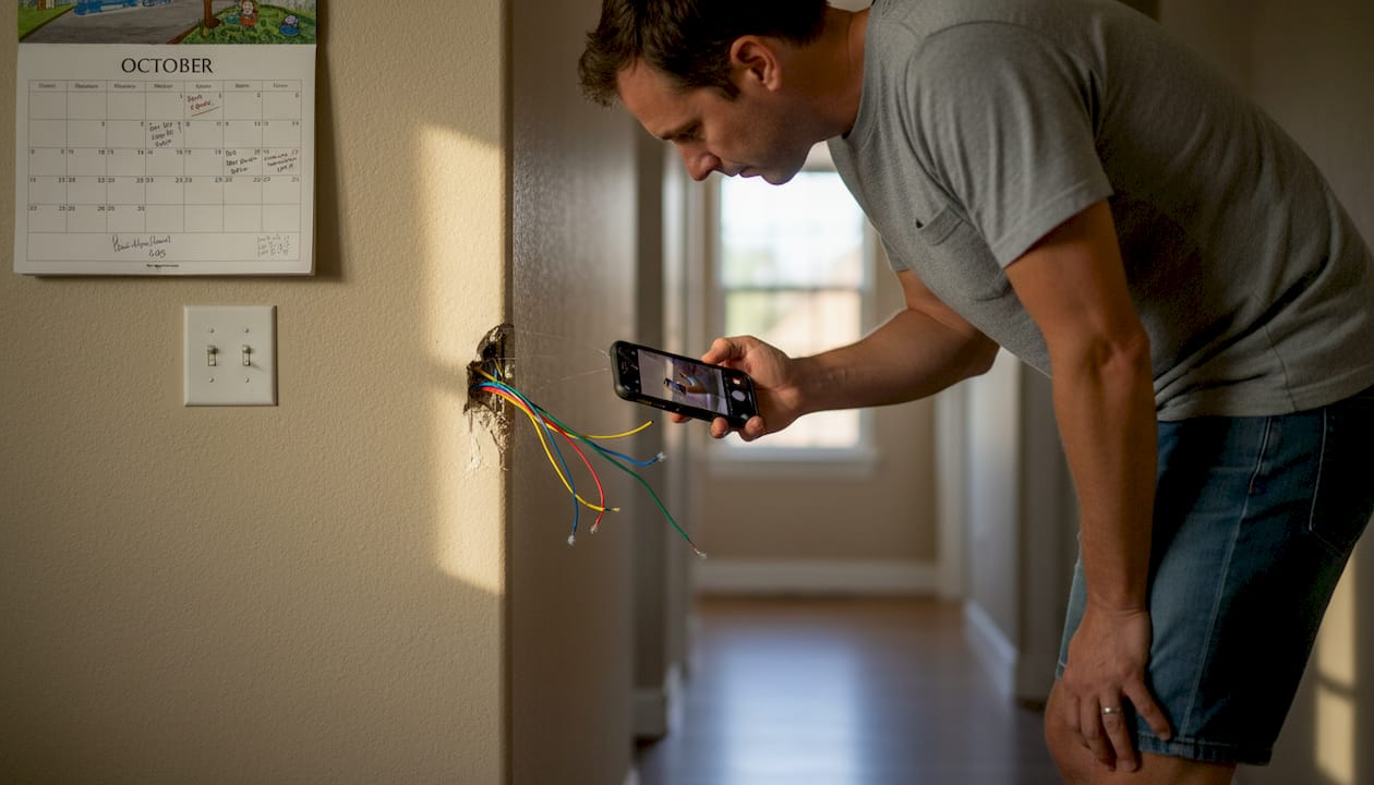 Person photographing thermostat wiring before installation