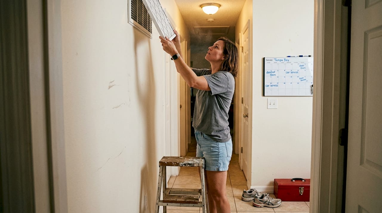 Woman replacing HVAC air filter indoors