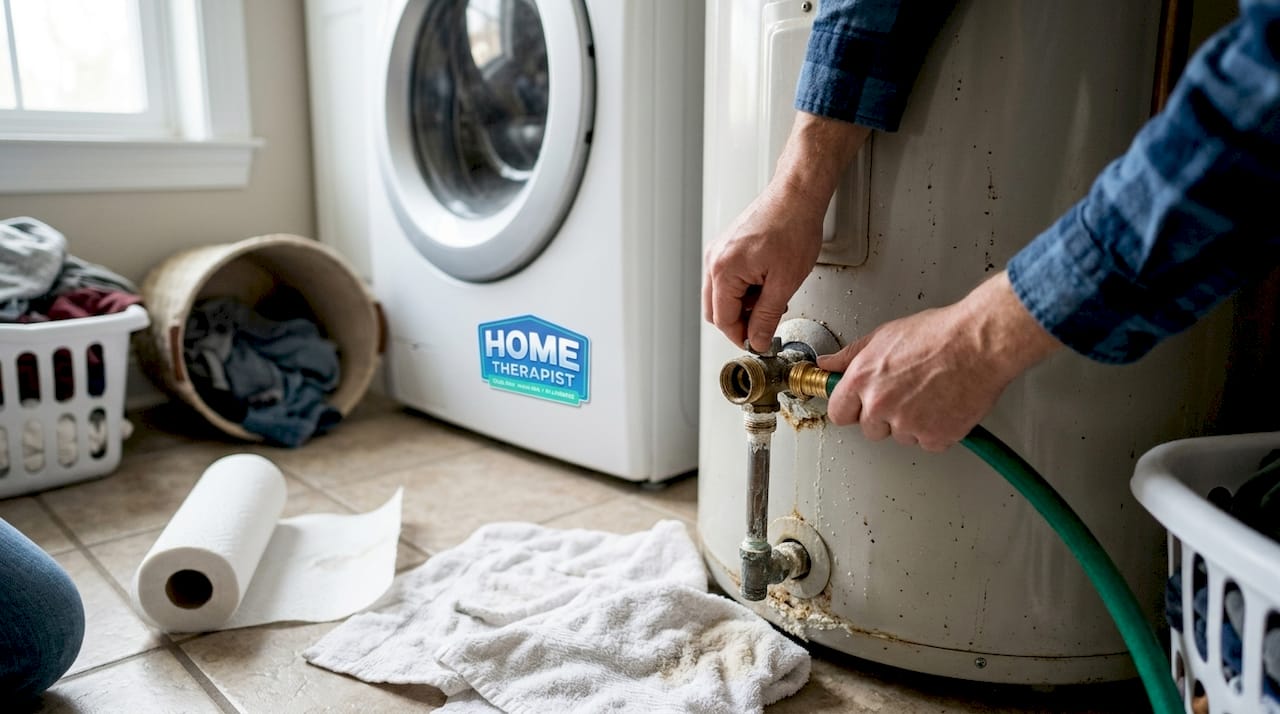 Hands attaching hose to water heater drain