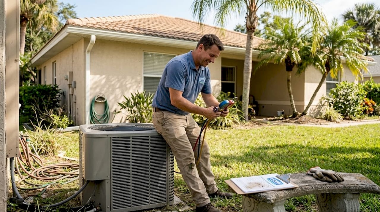 Technician checks outdoor heat pump unit
