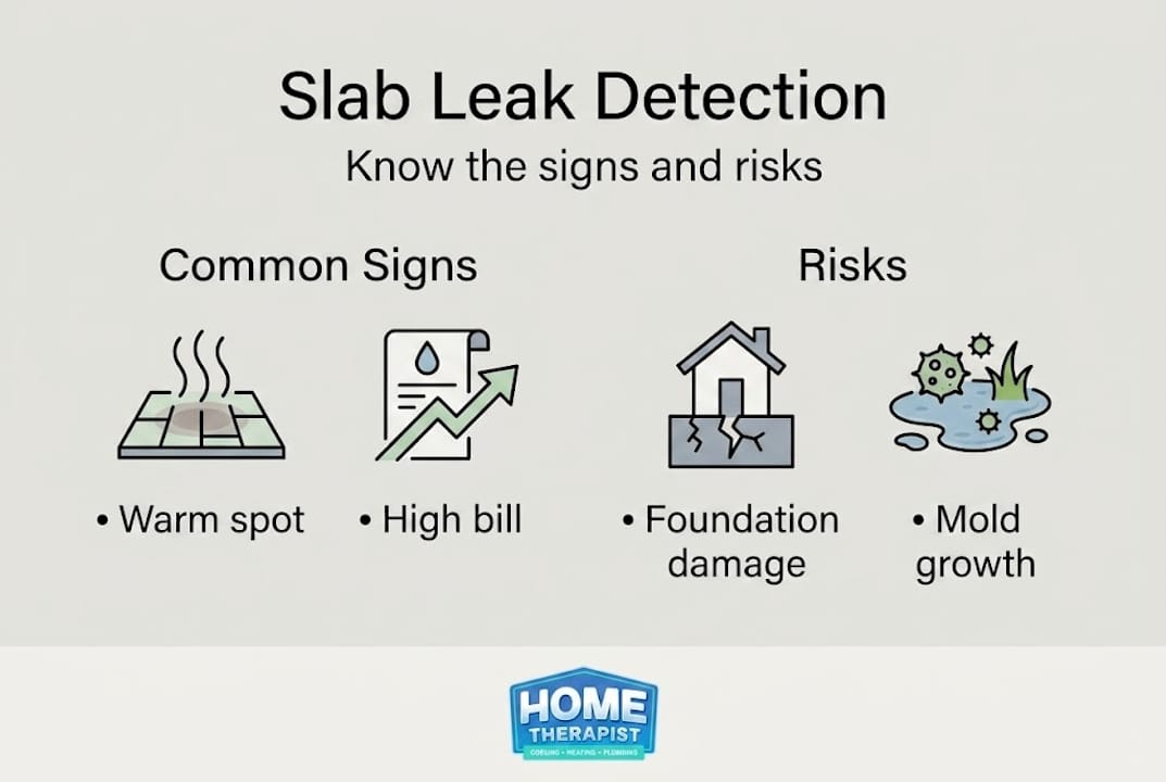 Infographic with slab leak symptoms and risks overview