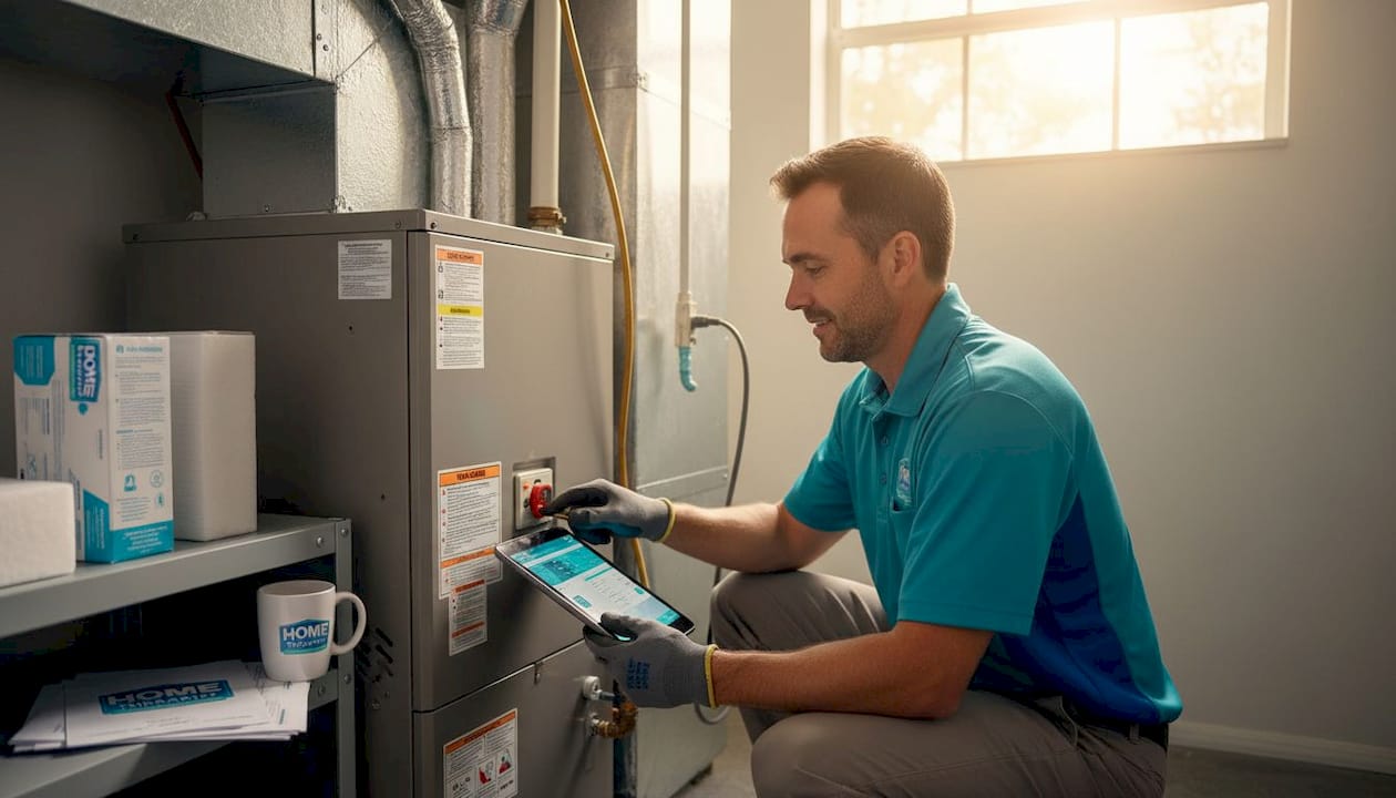 HVAC technician inspecting furnace in home utility room