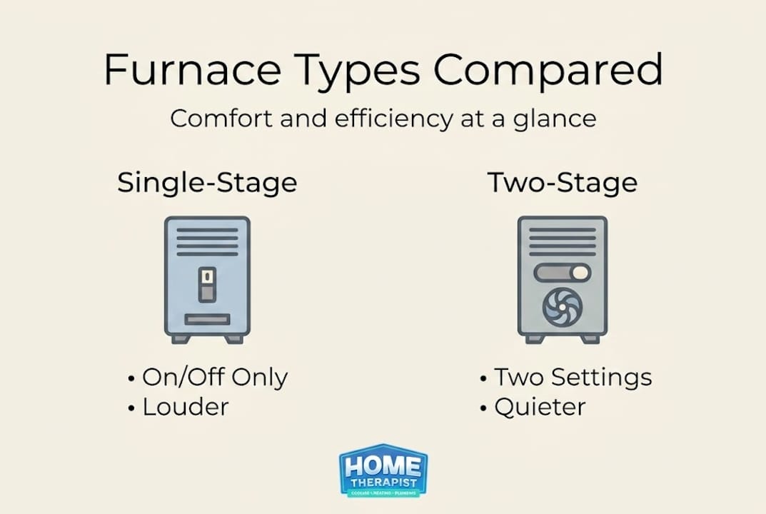 Infographic comparing single-stage and two-stage furnace features