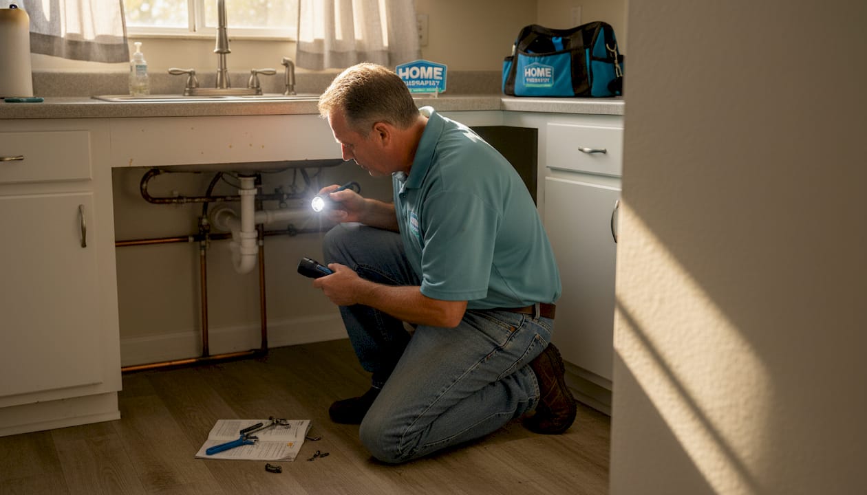 Plumber inspecting corroded pipes under sink