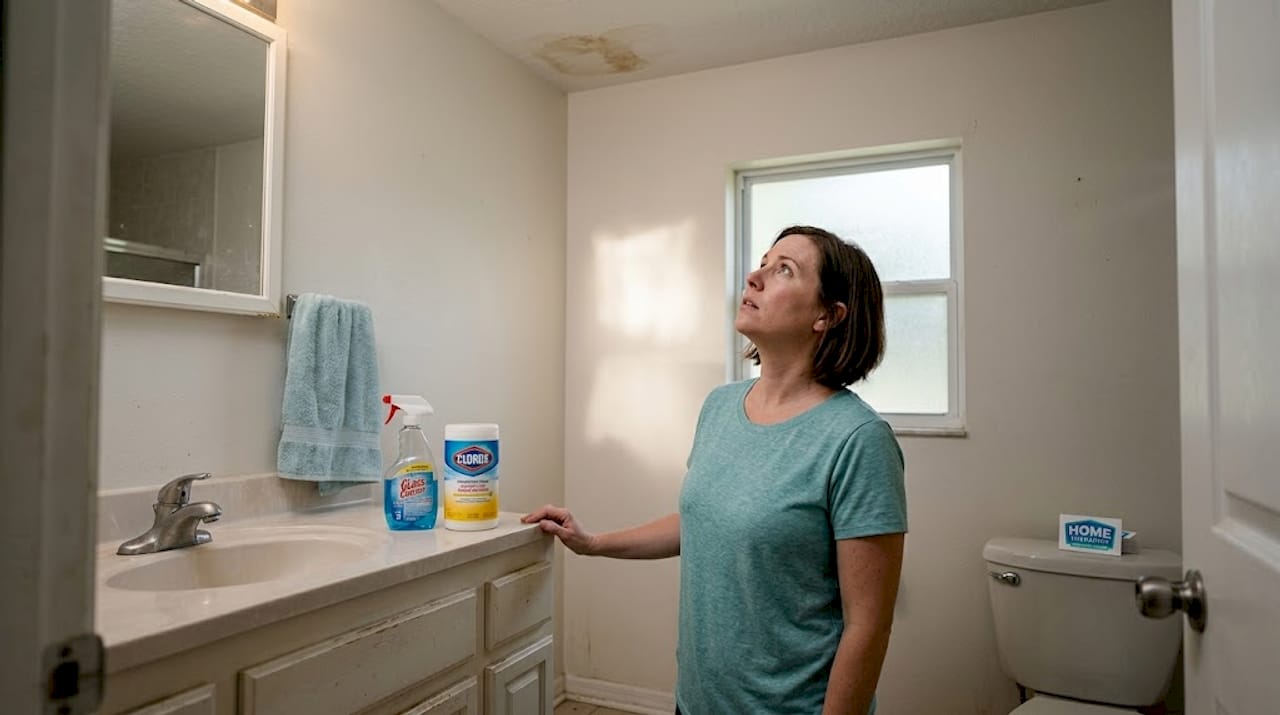 Person examines water stain on bathroom ceiling