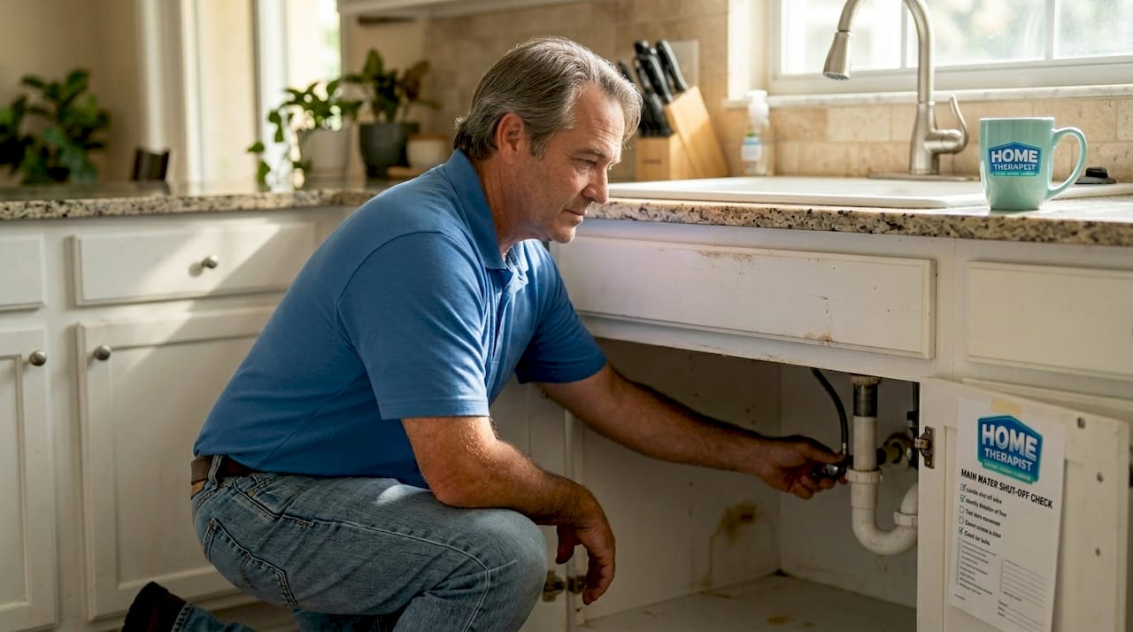 Homeowner checks plumbing under kitchen sink