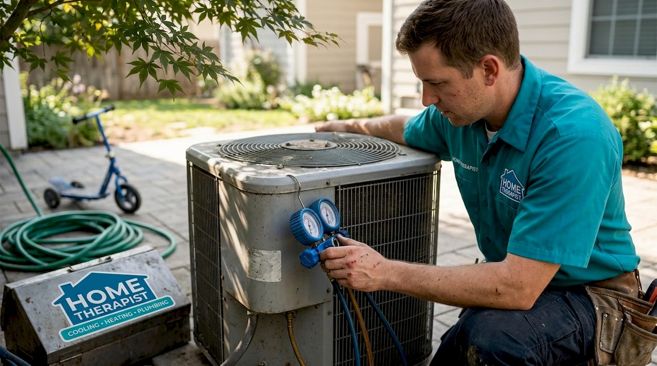 HVAC technician checks air conditioner refrigerant lines