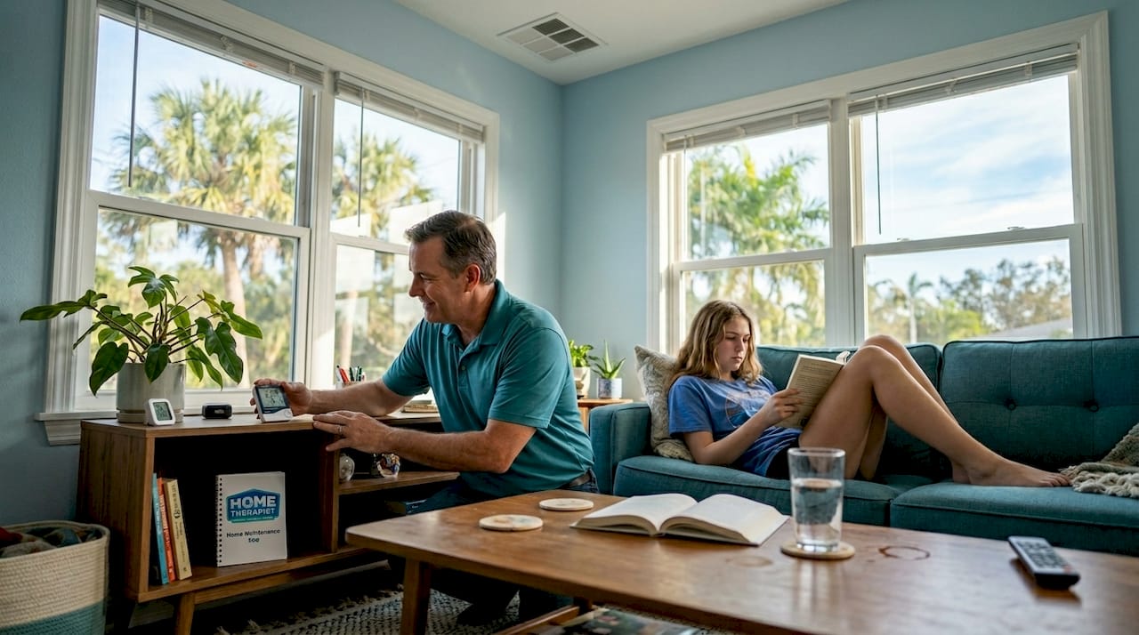 Man checks hygrometer in Tampa Bay living room