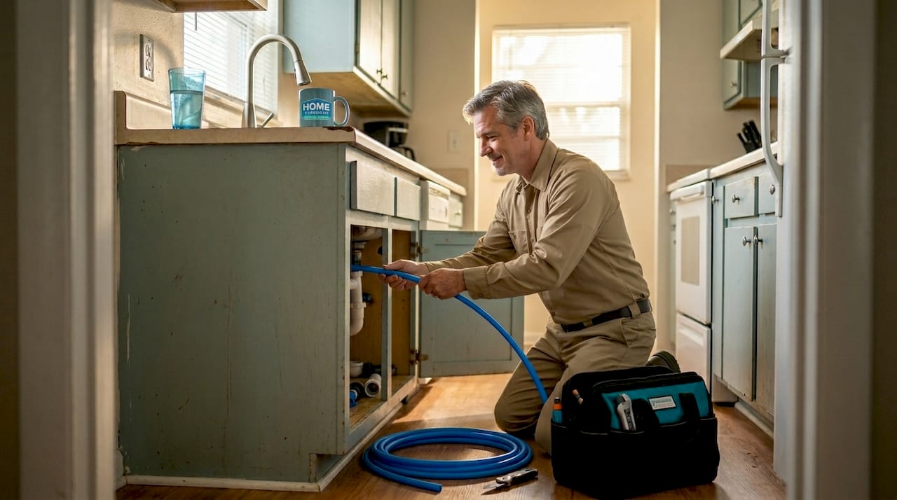 Plumber installs PEX pipe under kitchen sink