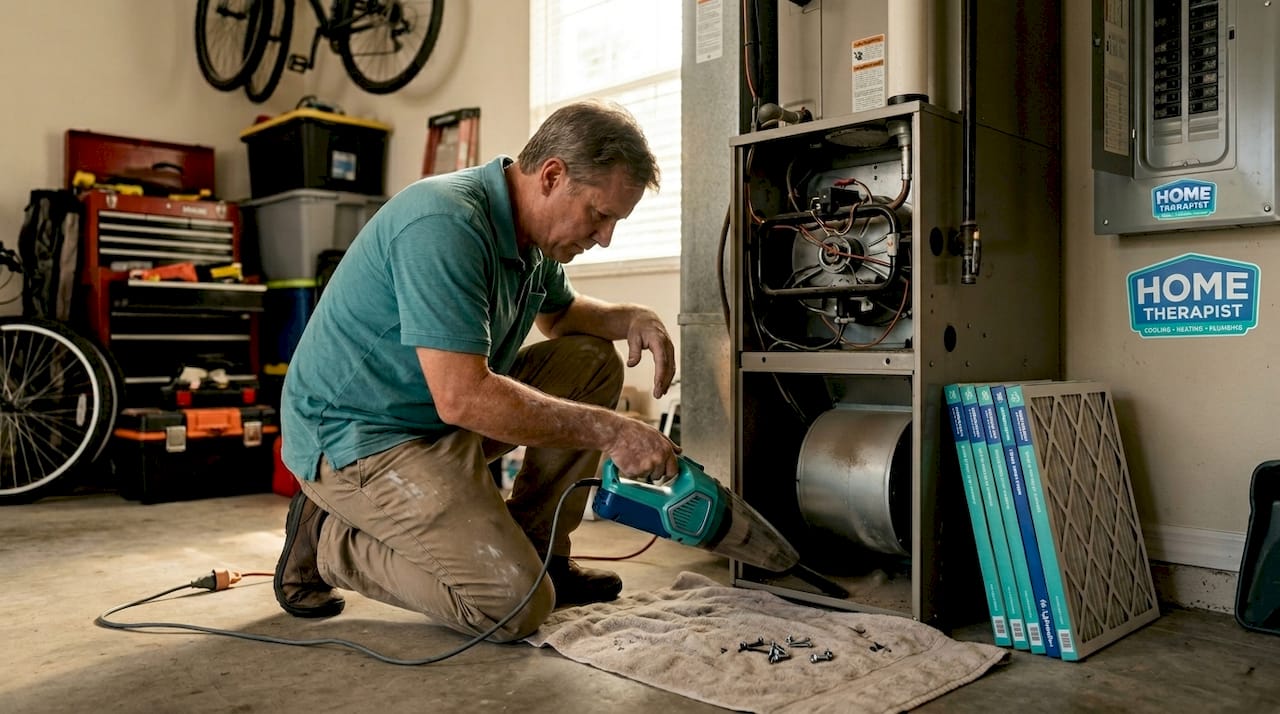 Homeowner vacuuming furnace blower in garage