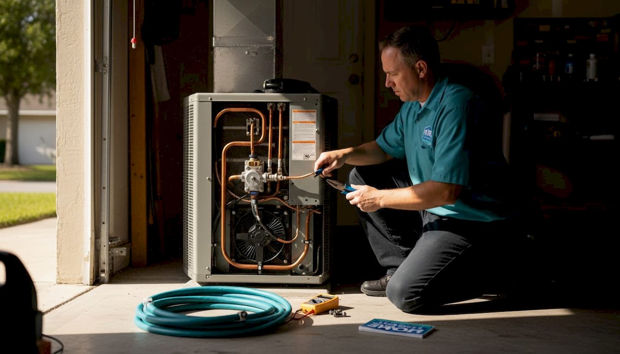 Technician inspects AC expansion valve in garage