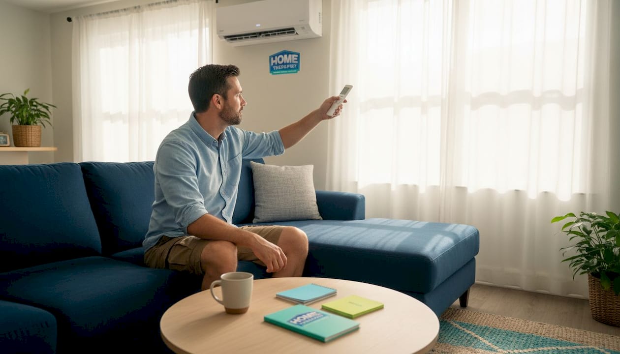 Homeowner adjusting ductless mini split in Florida living room