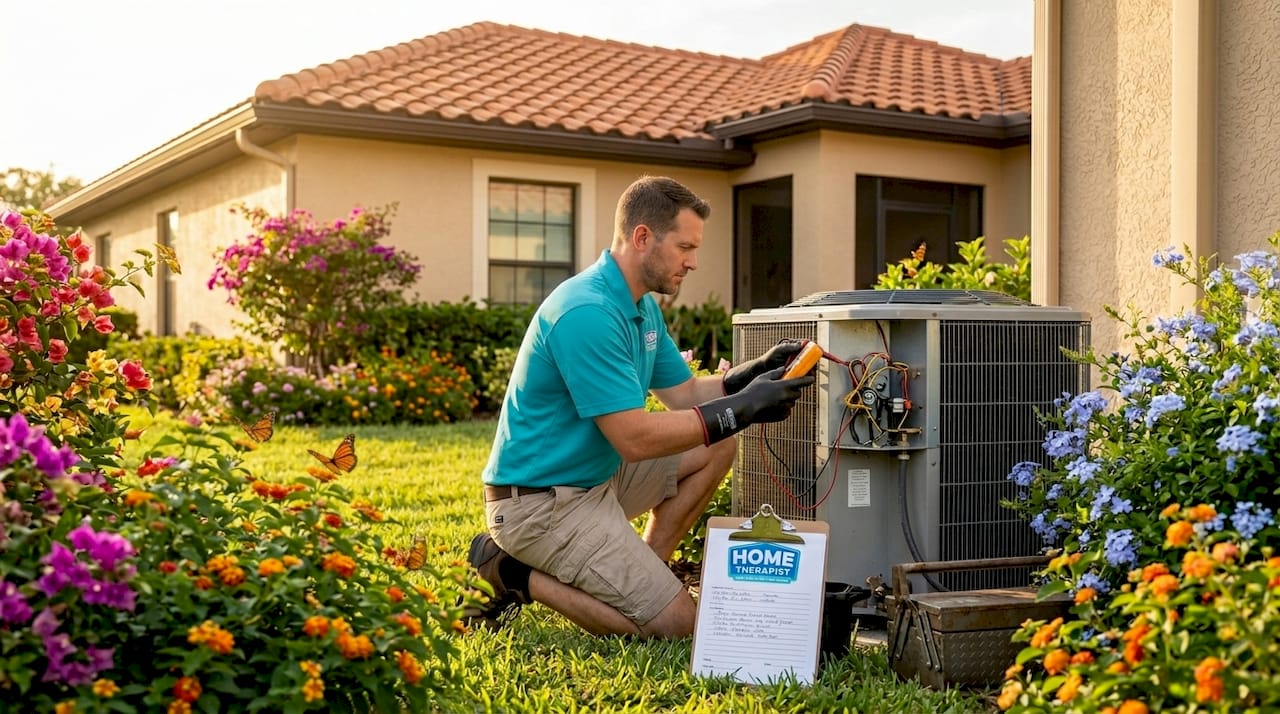 Technician inspects AC outside Tampa home