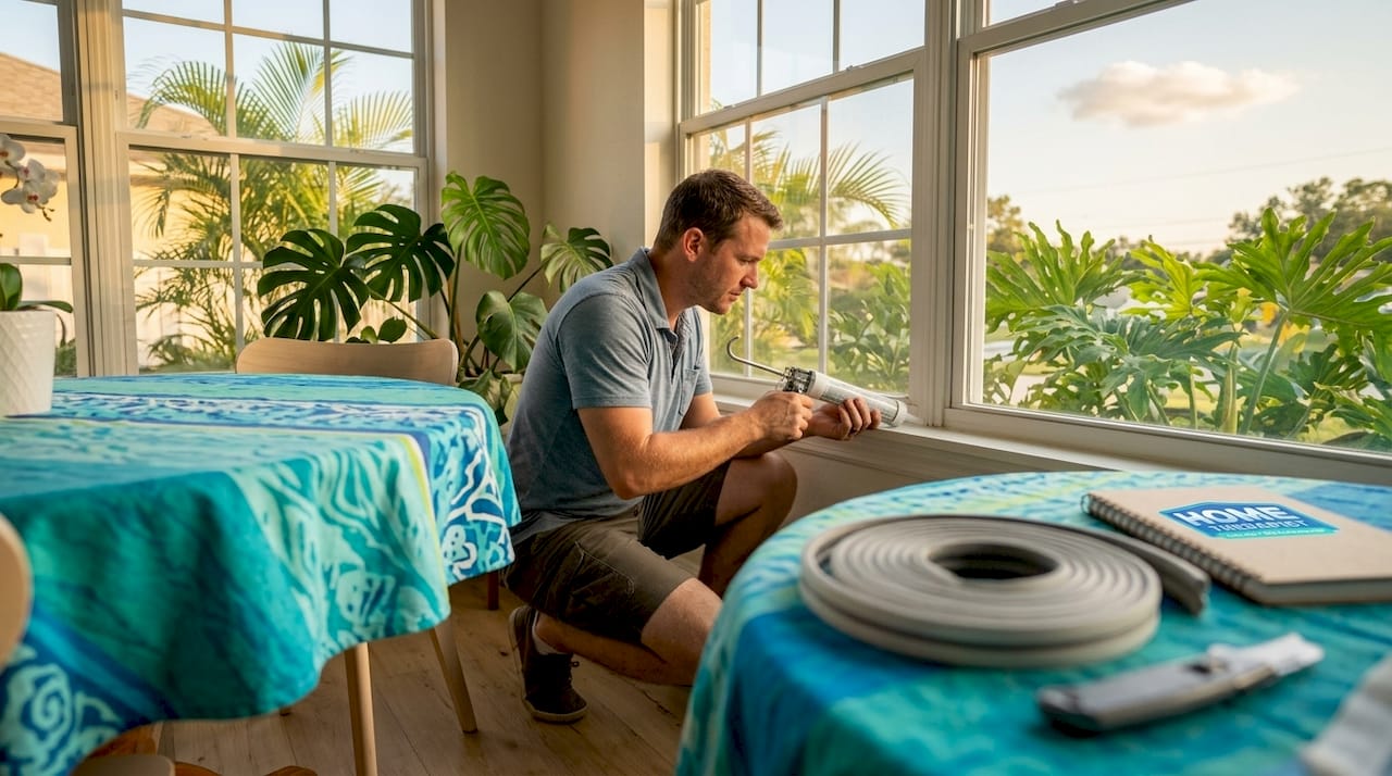 Homeowner sealing window air leak in Tampa living room