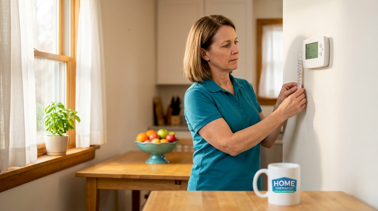Homeowner checks thermostat accuracy by comparison