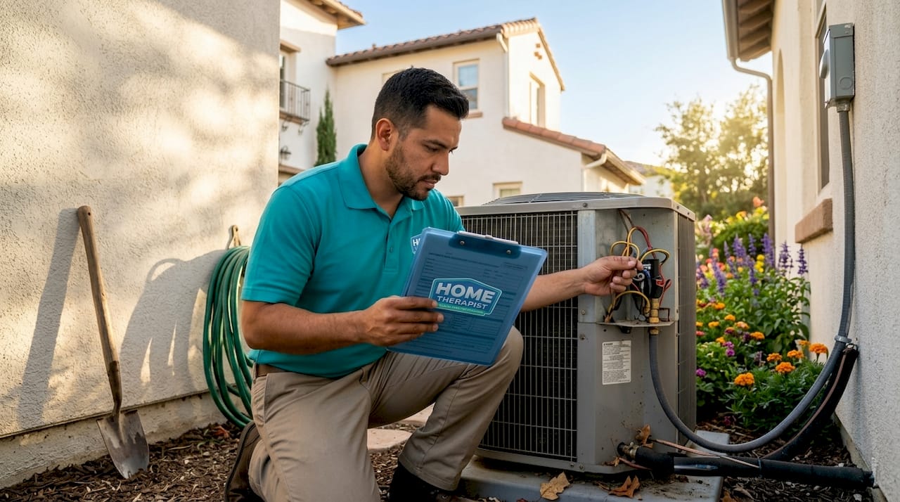 Technician inspects outdoor AC unit in Tampa backyard