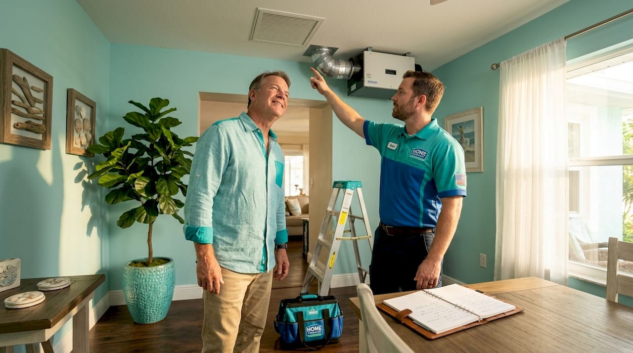 Homeowner and technician checking air vent in living room