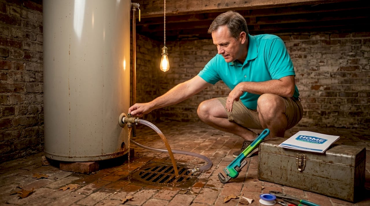 Man flushing water heater in basement utility room