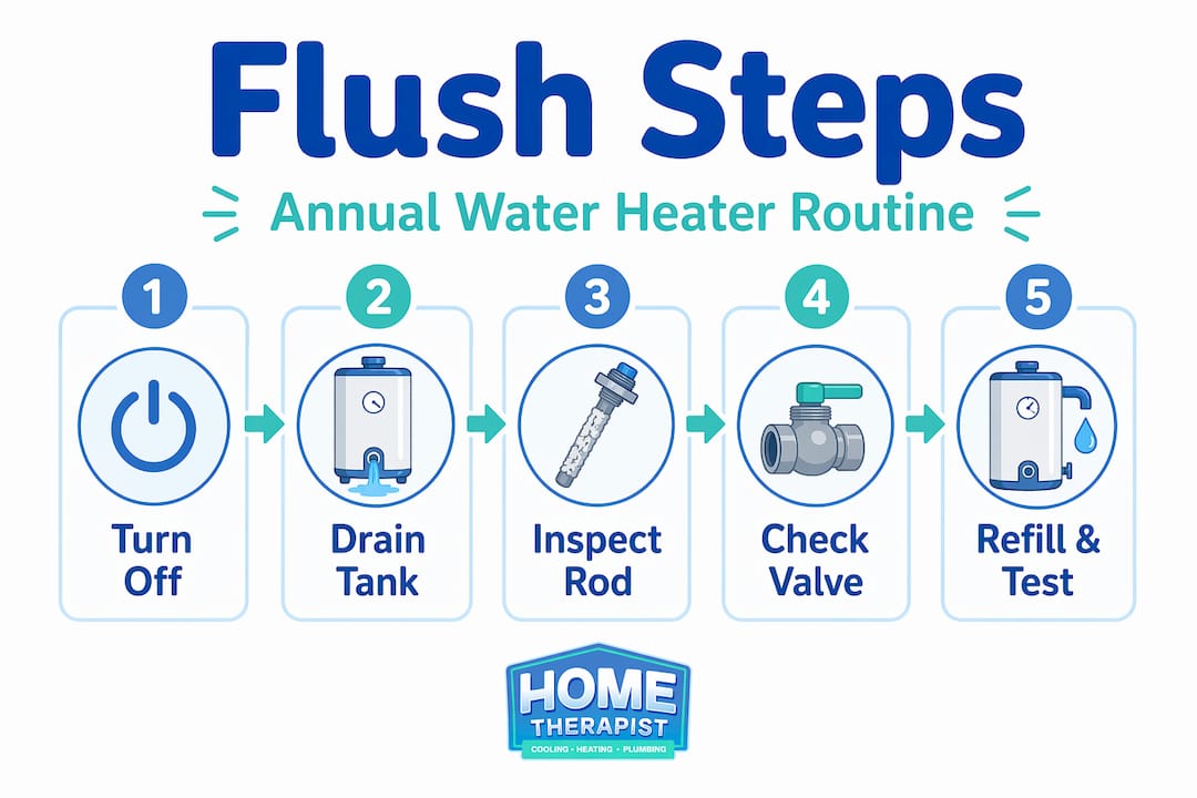Infographic with step-by-step water heater flush routine