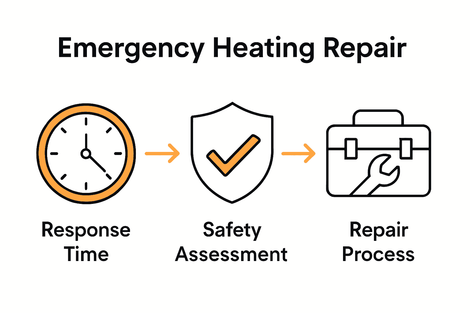 Infographic showing emergency heating repair steps: response, safety, repair
