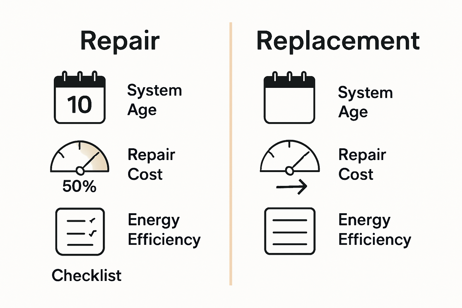 Infographic comparing HVAC repair and replacement decision factors.