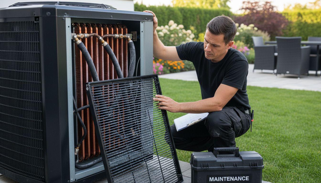 Closeup of HVAC compressor and coils being maintained