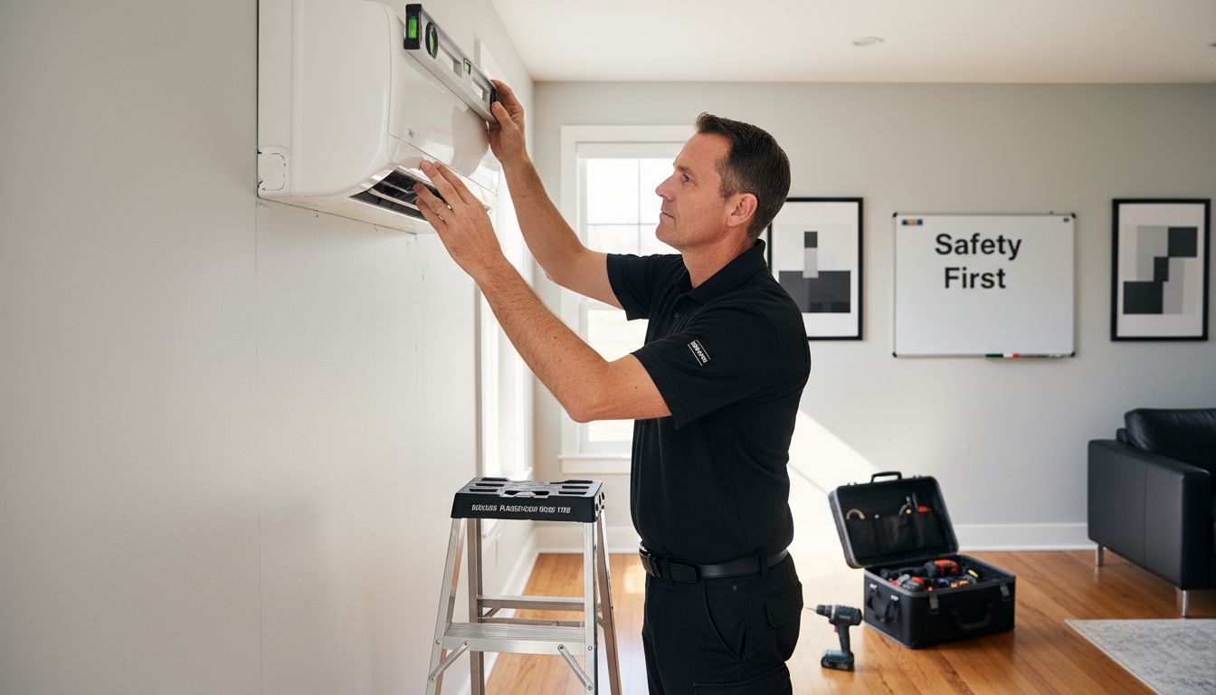 Technician aligning indoor AC unit on wall
