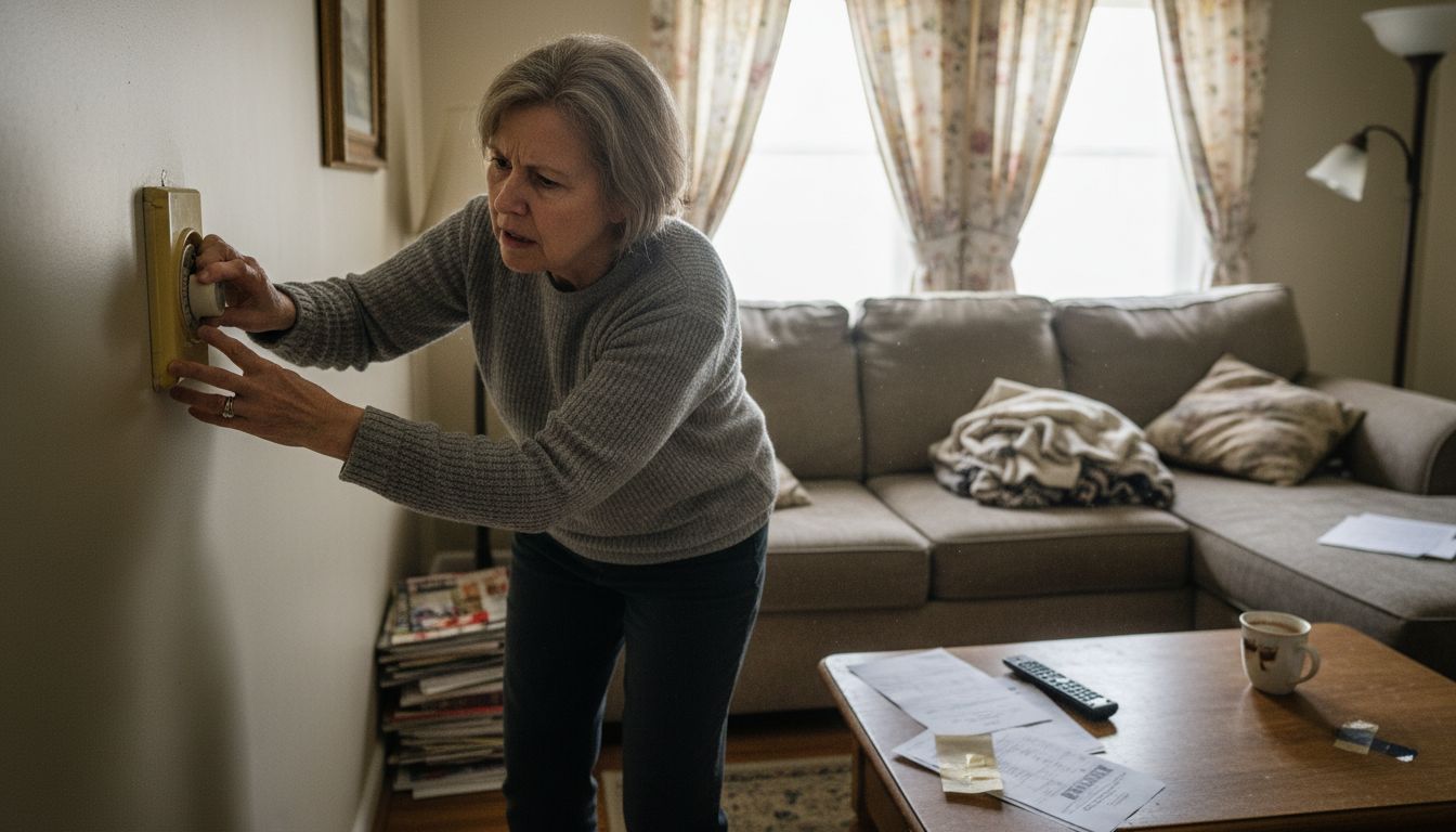 Homeowner adjusting old faulty thermostat