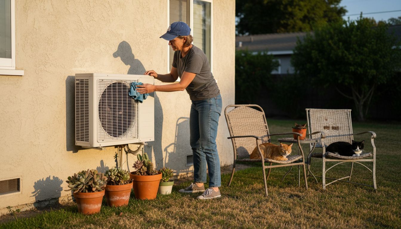 Homeowner cleaning outdoor heat pump unit