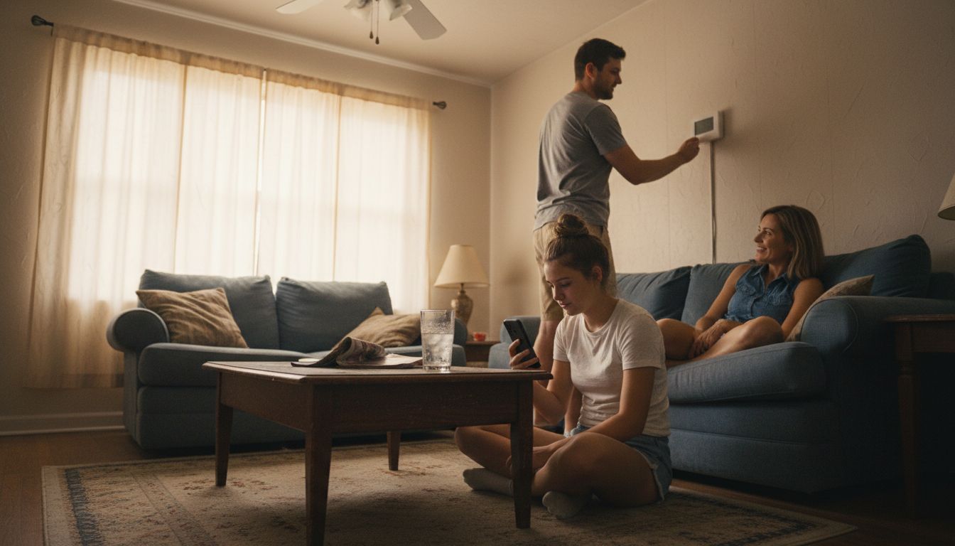 Family enjoying cool, sunlit living room