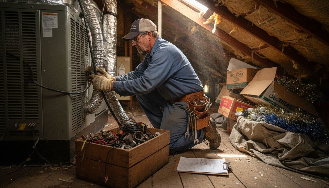 Technician checking attic HVAC system