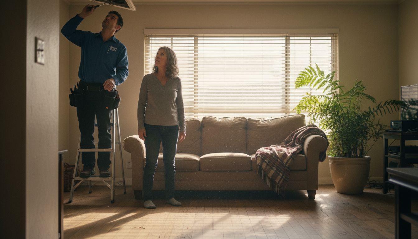 Technician and homeowner checking HVAC vent