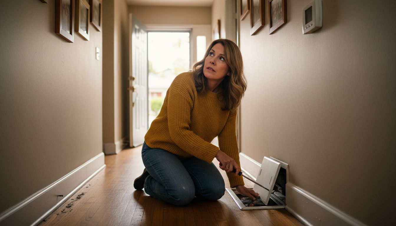 Woman checking HVAC vent and thermostat