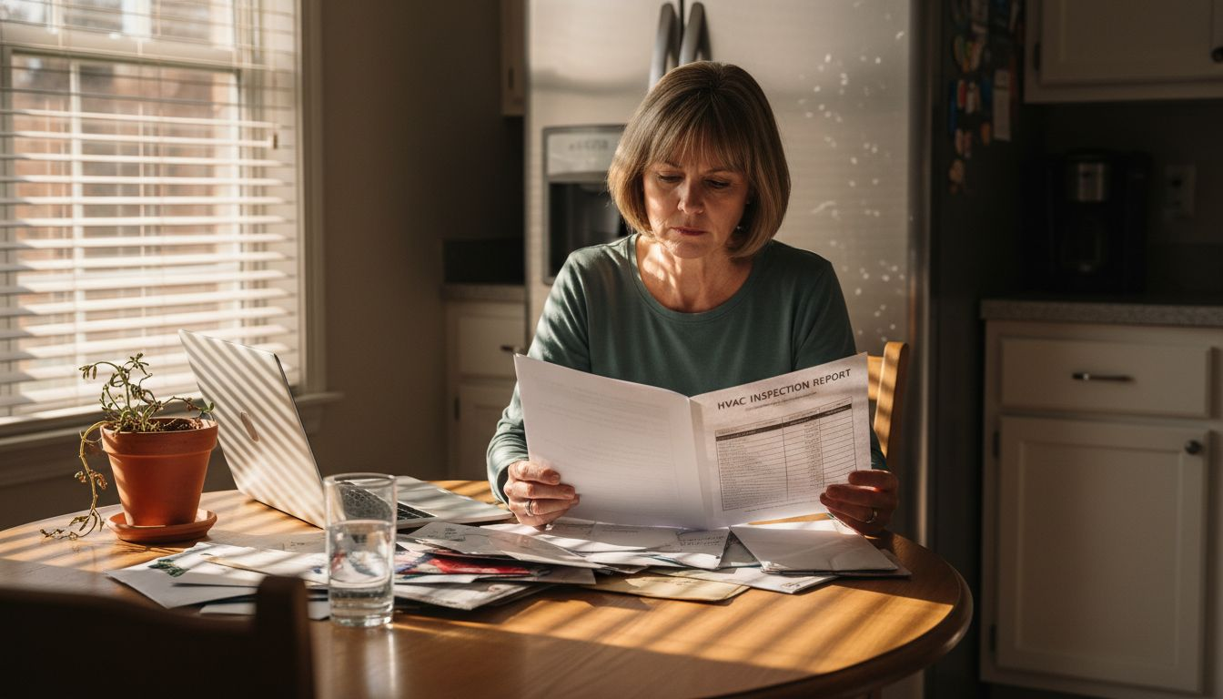 Homeowner reading HVAC maintenance report