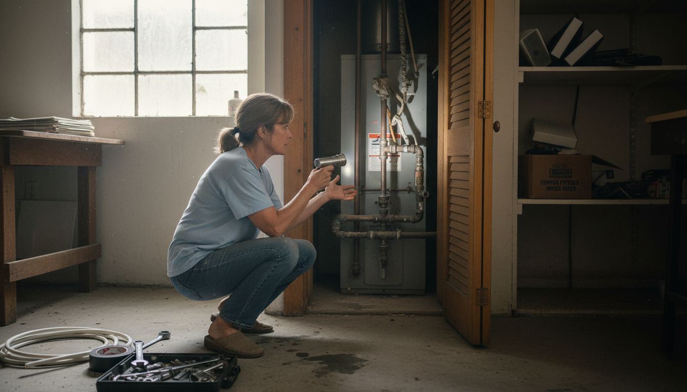 Homeowner inspecting HVAC installation area