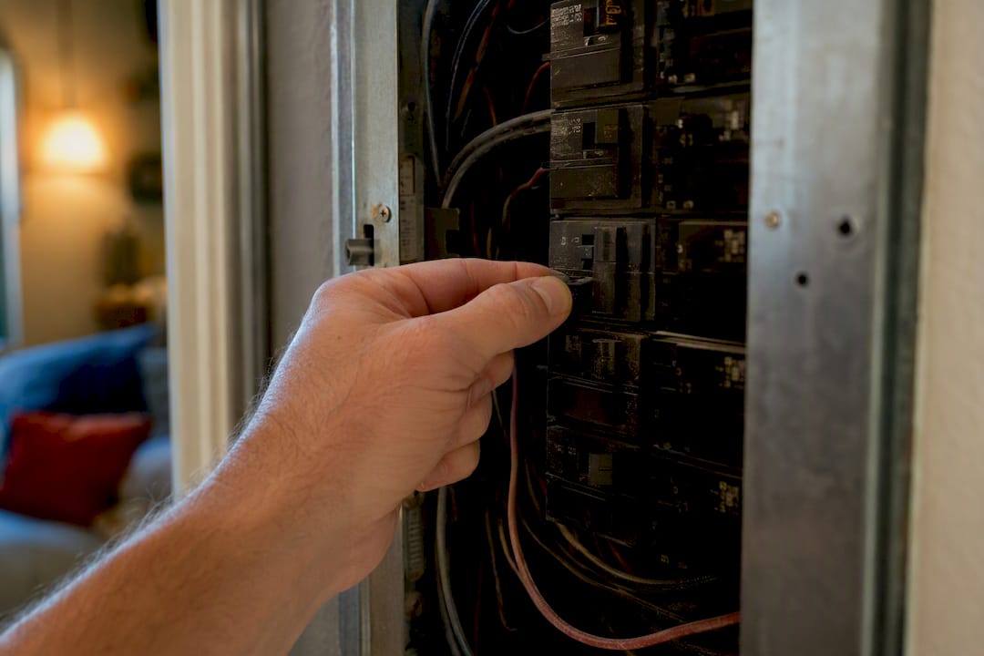 Close-up of tripped breaker switch reset