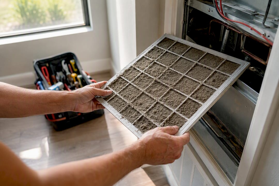 Hands removing dirty air filter from AC vent