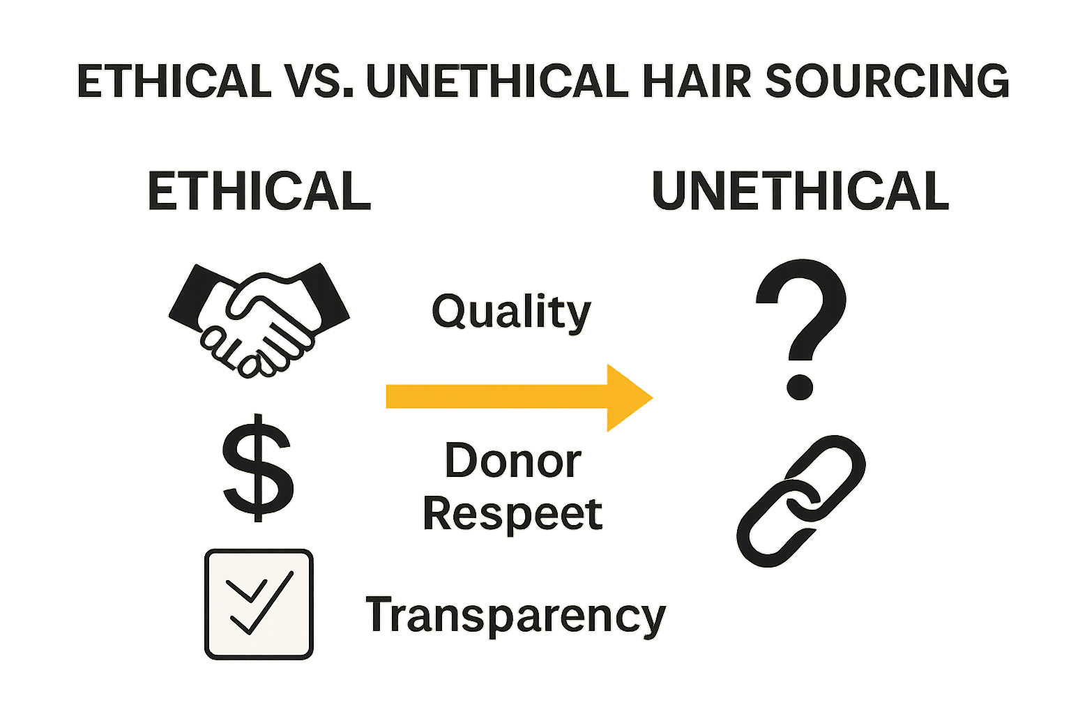 Infographic comparing ethical and unethical hair extension sourcing using icons and short annotations.