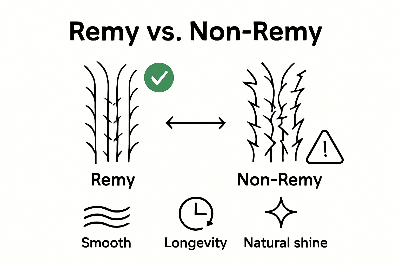 Infographic comparing aligned Remy hair cuticles to mixed non-Remy hair.
