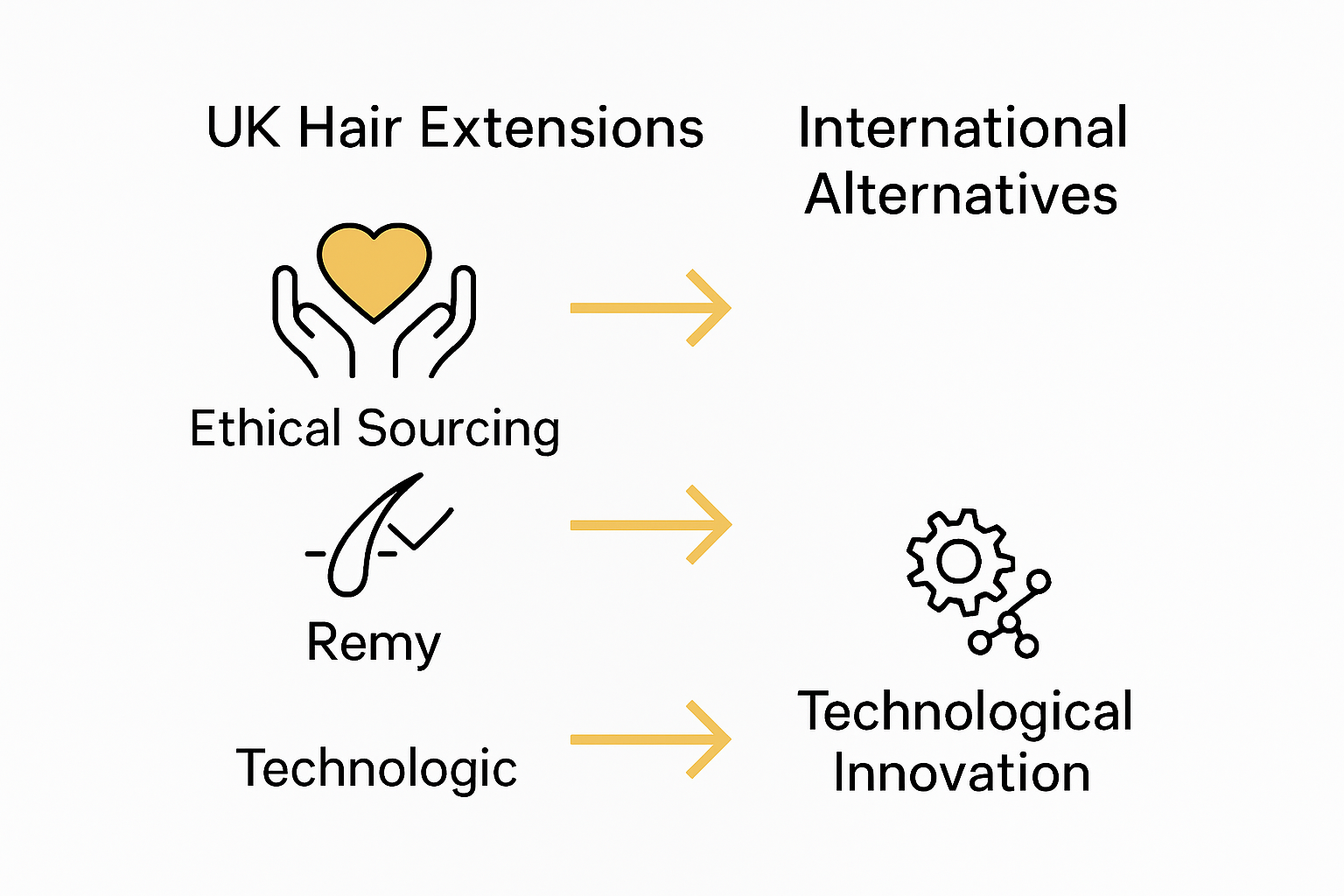 Infographic comparing UK and international hair extensions by ethics, quality, and technology